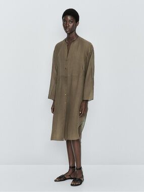 New MASSIMO DUTTI 100% Ramie Long Button-Front Dress